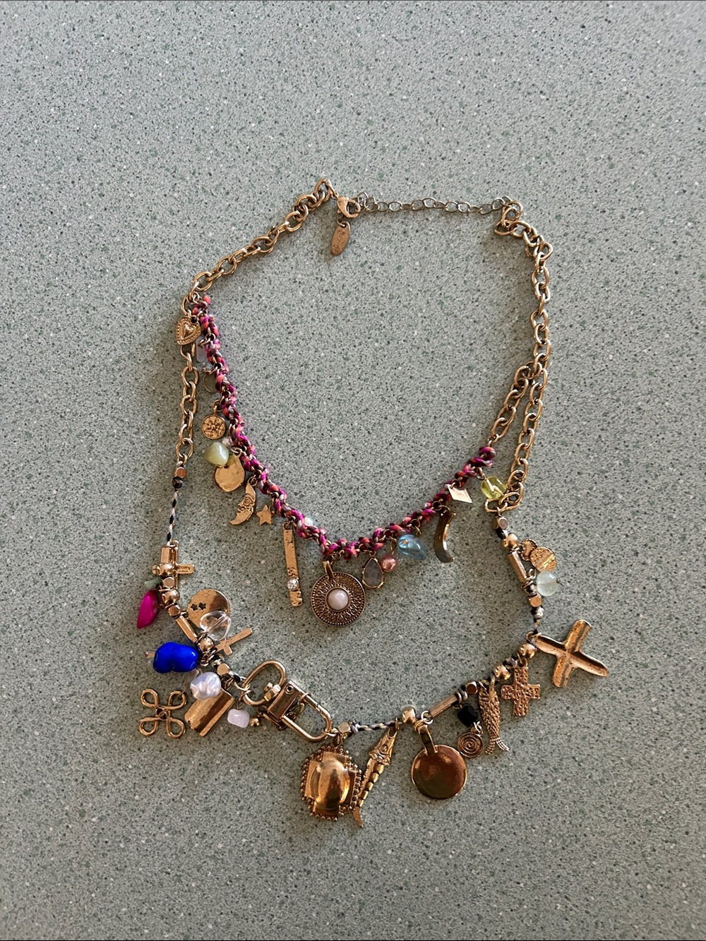 Free People Gold-Tone Layered Charm Necklace with Pink and Blue Accents